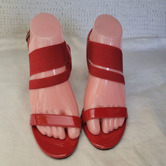 Unisa Size 7 1/2 Shoes Marna Red Heels Strappy Open Toe Pump Glossy LIKE NEW - Picture 1 of 11